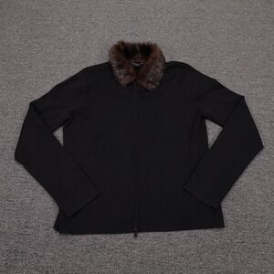 August Silk Sweater Cardigan Womens XL Black‎ Fur Trim Collar Full Zip Knit